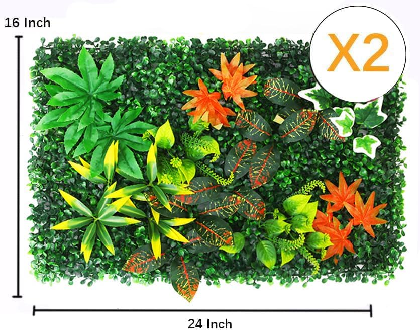KAMEIOU 16x24 Inch Artificial Green Plant Wall Panel with Grass Flower Boxwood Hedge Wall Decor for Outdoor Indoor 2 Pcs