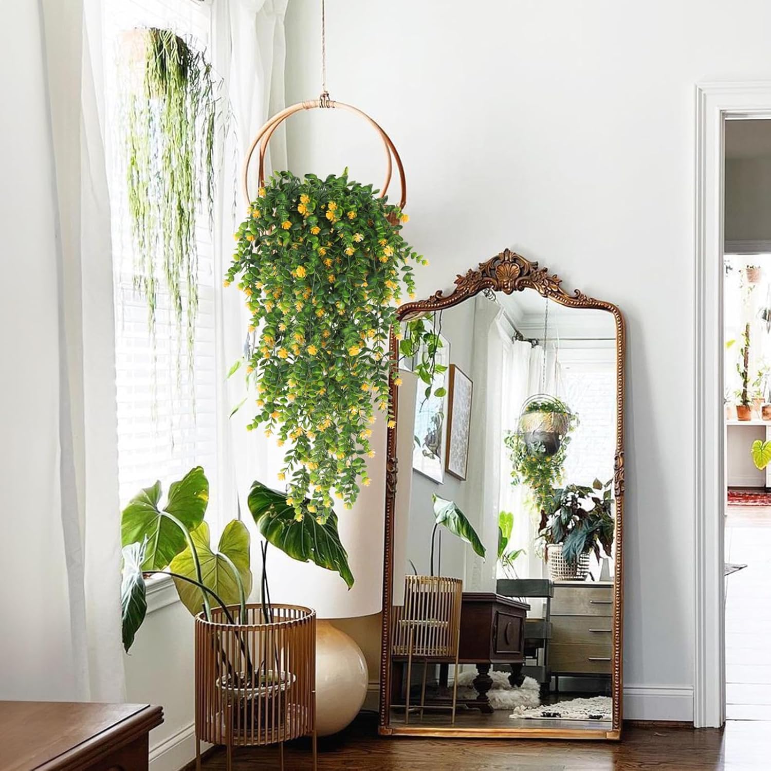 RECUTMS 4 Pack Hanging Eucalyptus Artificial Ivy Faux Plants UV Resistant Greenery for Outdoor Indoor Decor Yellow