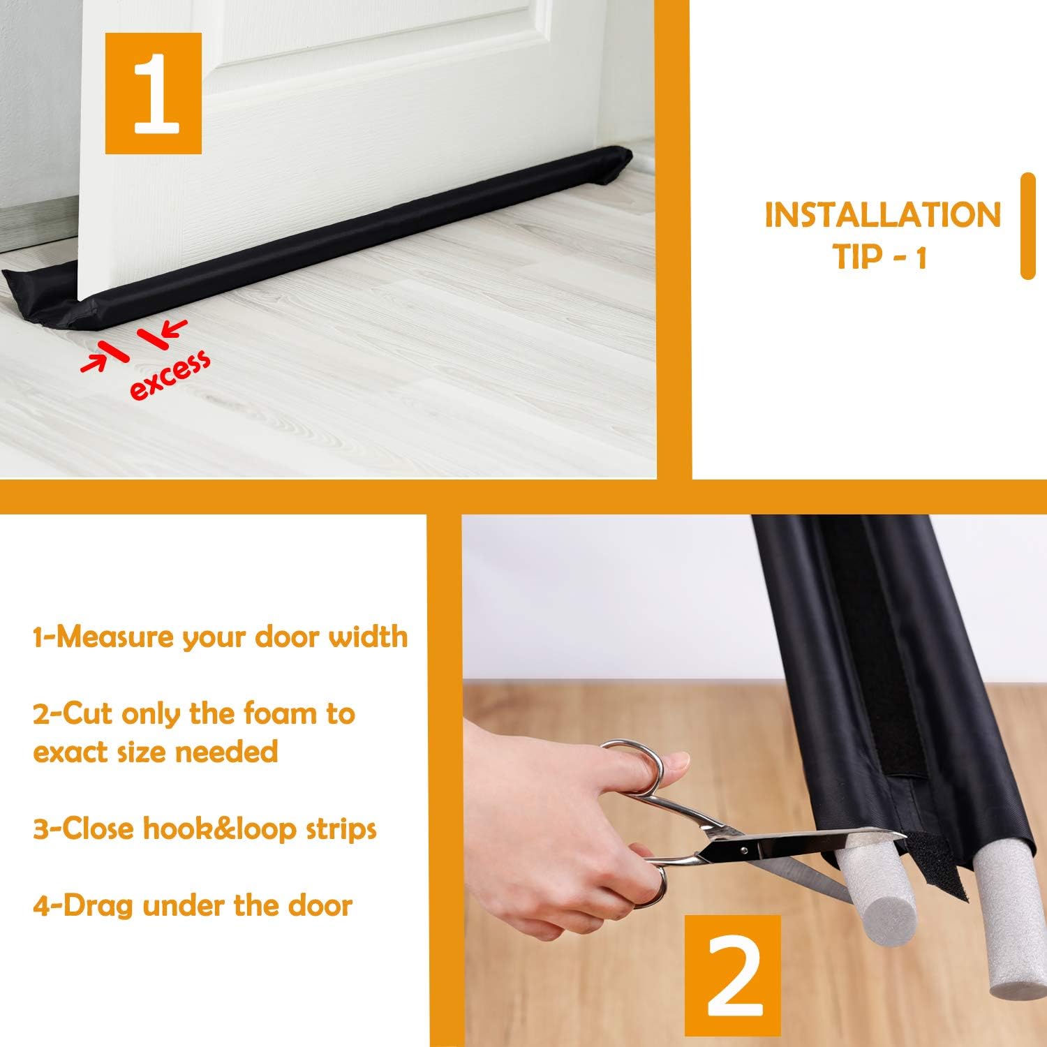WEUPE Door Draft Stopper Double Sided 32-38 Inch Adjustable Black