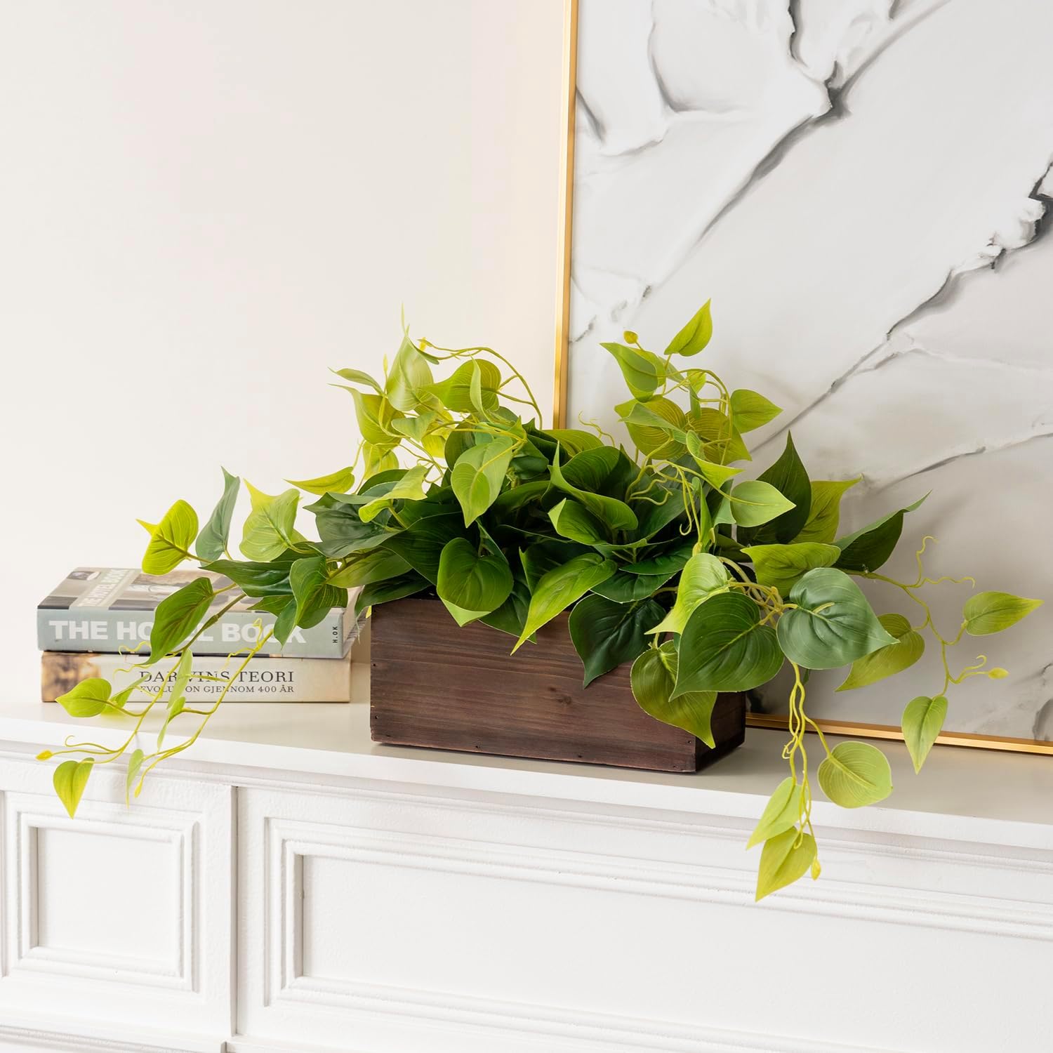 MyGift Vibrant Artificial Pothos Plant in Burnt Brown Wood Planter