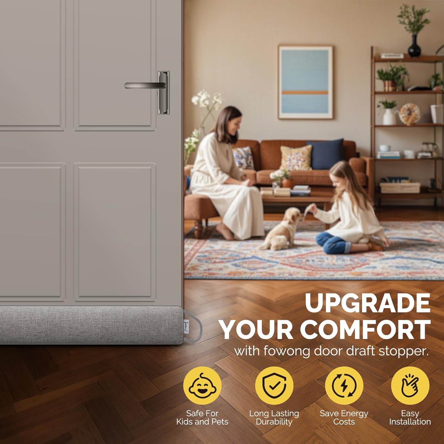 Fowong Door Draft Stopper 30 Inch Weighted Noise Blocker with Hook Tapes for Easy Install Grey