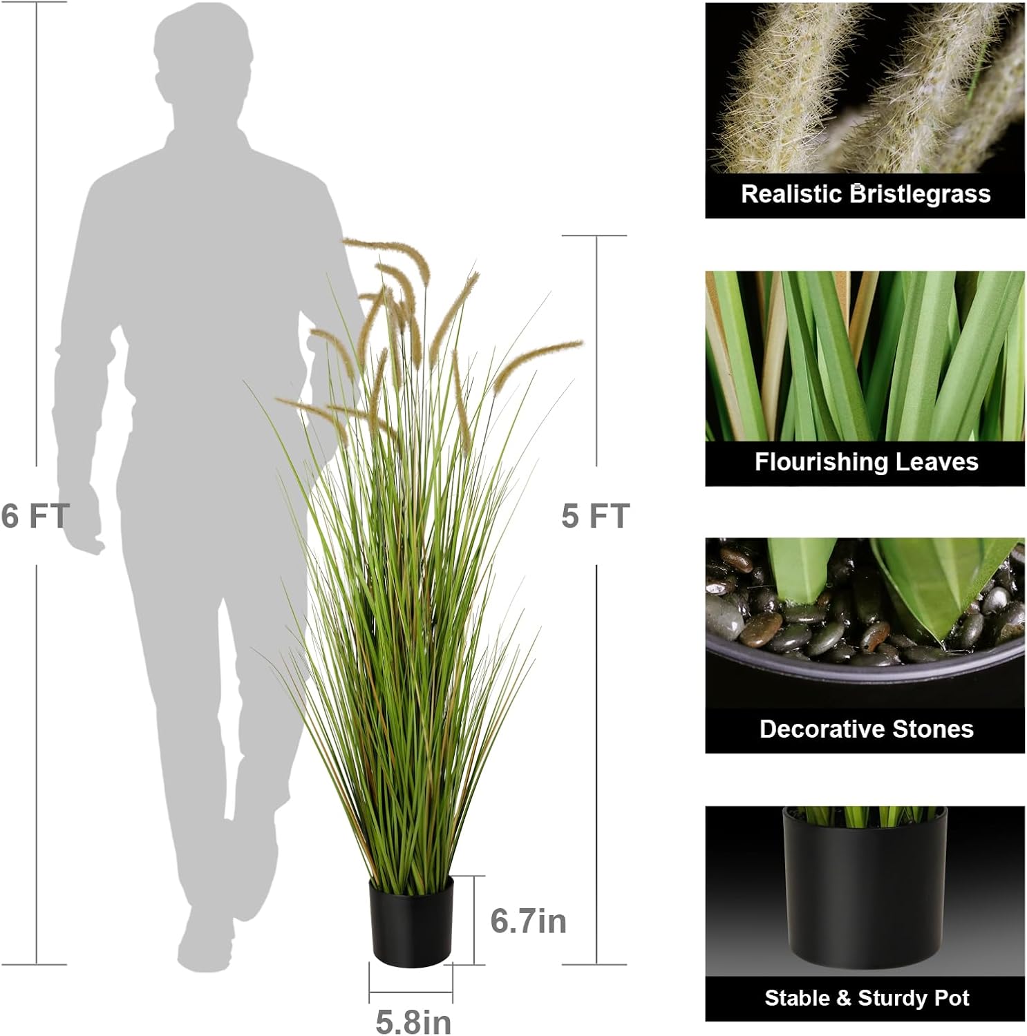 KOL 5ft Artificial Horsetail Reed Grass Plant in Pot