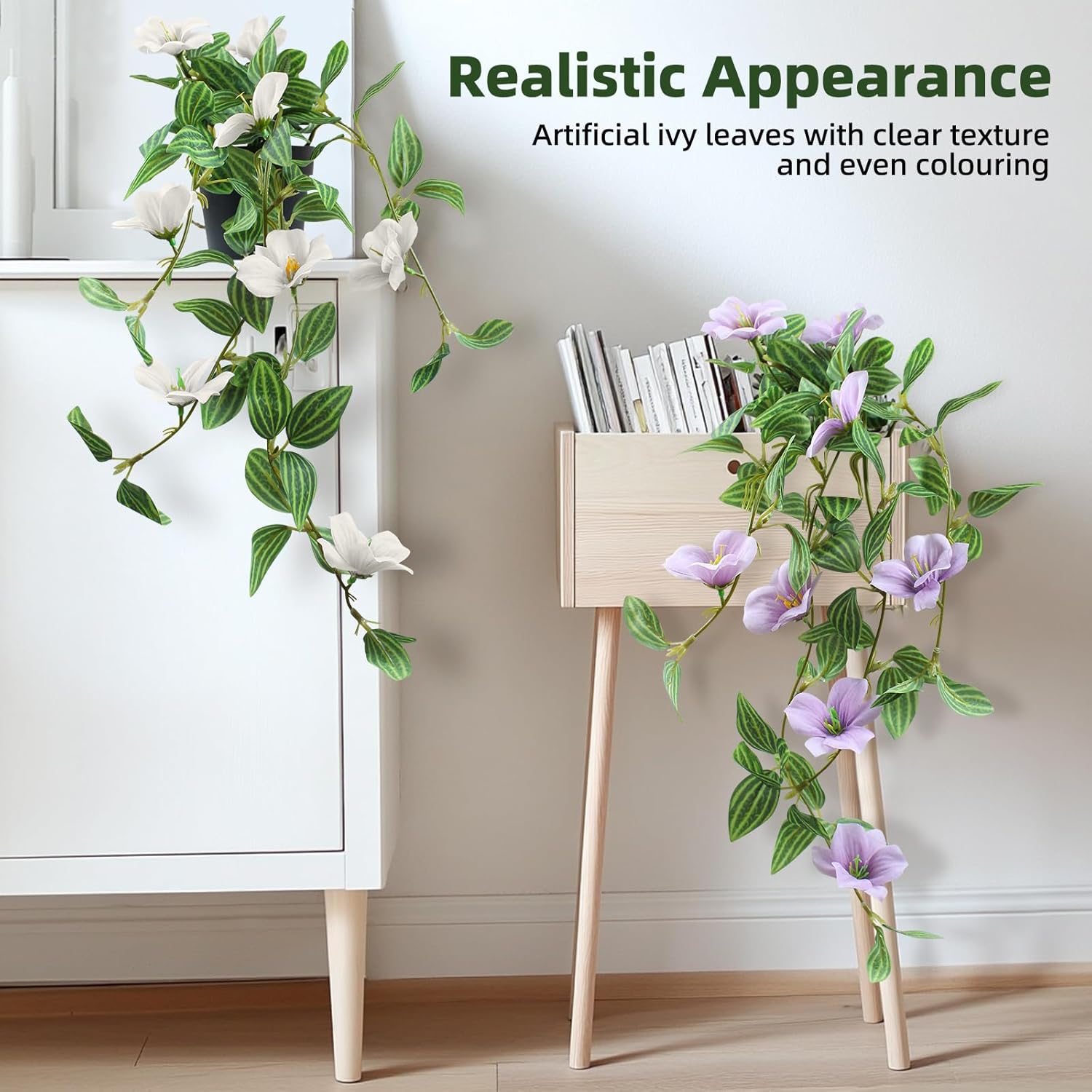 2 Pcs Artificial Ivy Hanging Plant with Flowers