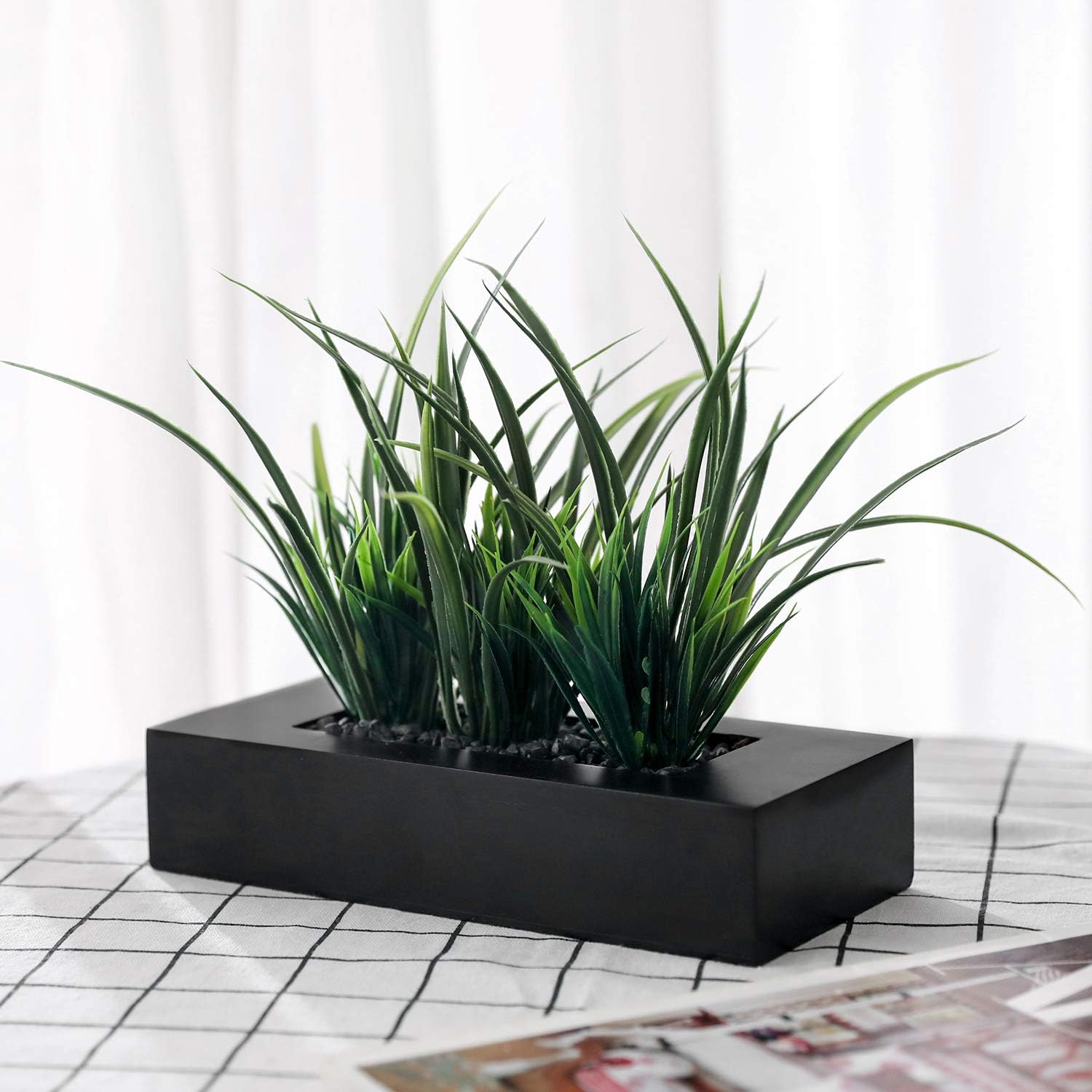 MyGift Artificial Green Grass Plants in Matte Black Wooden Planter