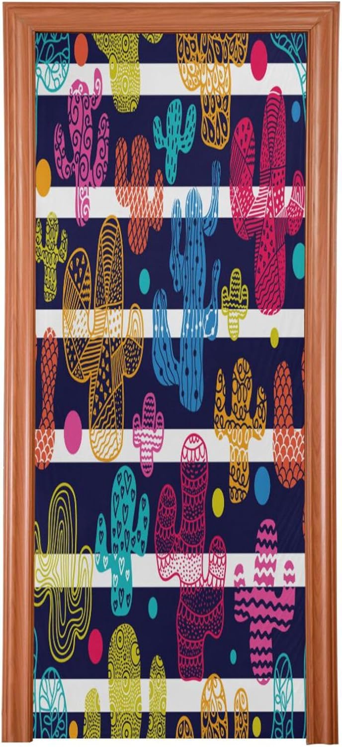 Susiyo Cute Cacti and Stripes Christmas Door Cover Stretch Fabric Decor for Home Holidays