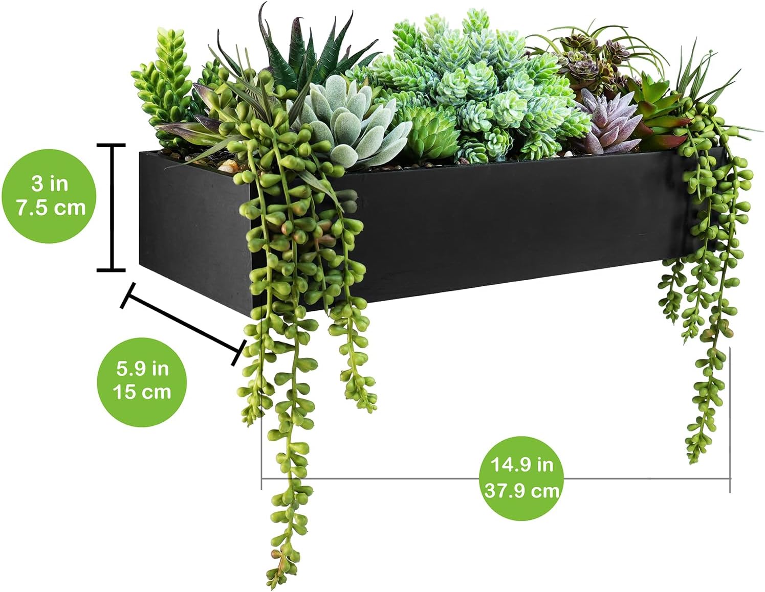 Winlyn 15 Inch Artificial Succulent Arrangement in Rustic Black Wooden Planter