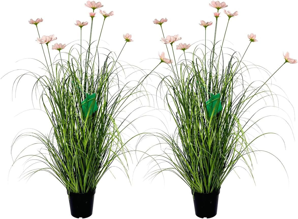 35 Inch Artificial Tall Grass with Pink Cosmos Flowers 2 Pack