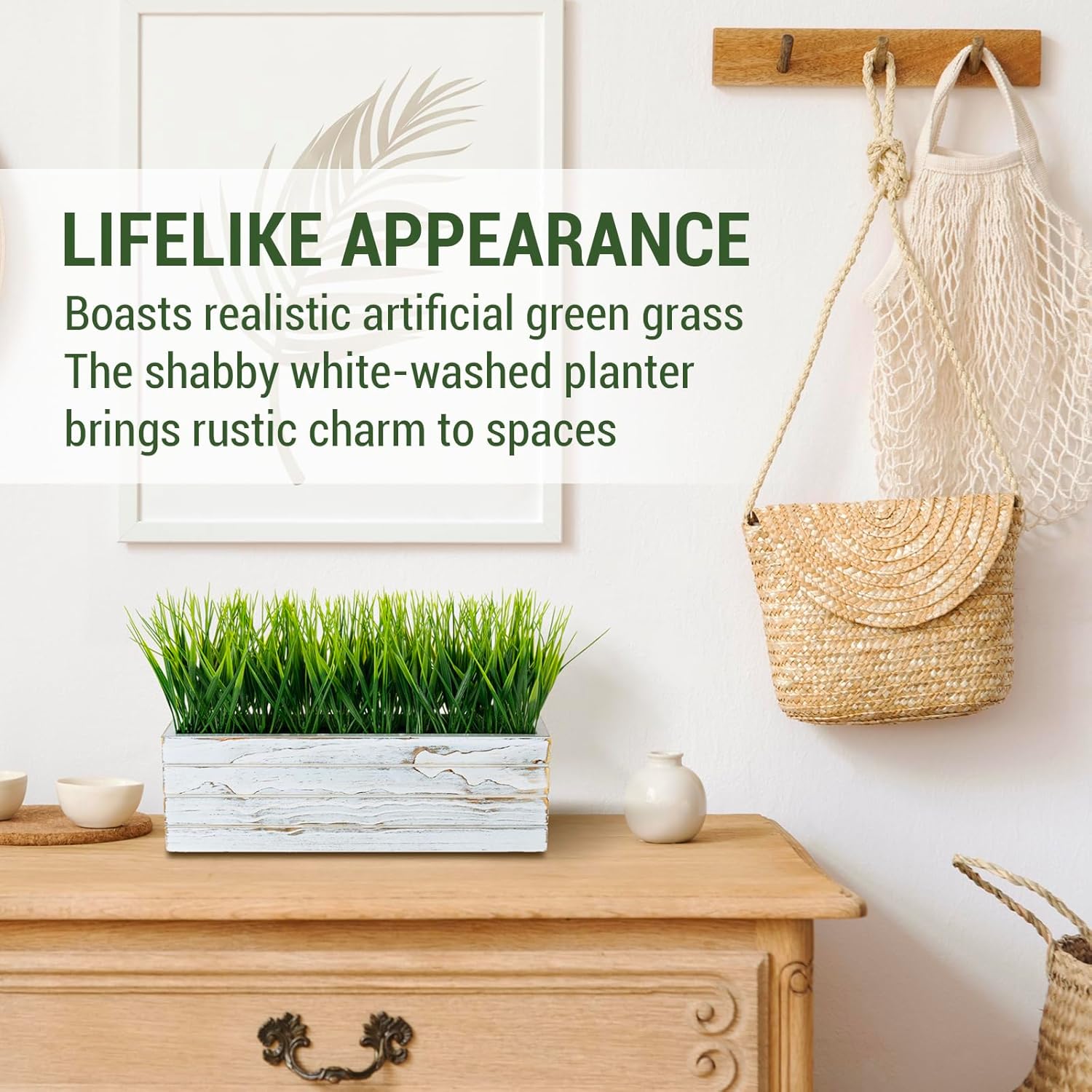 MyGift 14 Inch Artificial Grass in Shabby White Wood Planter