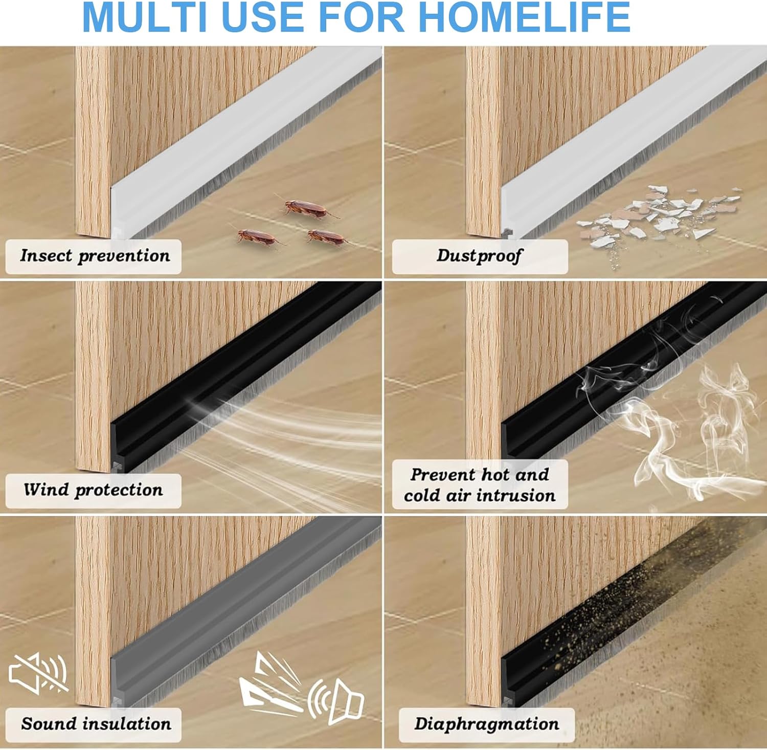 39 Inch Door Draft Stopper with Brush - Black