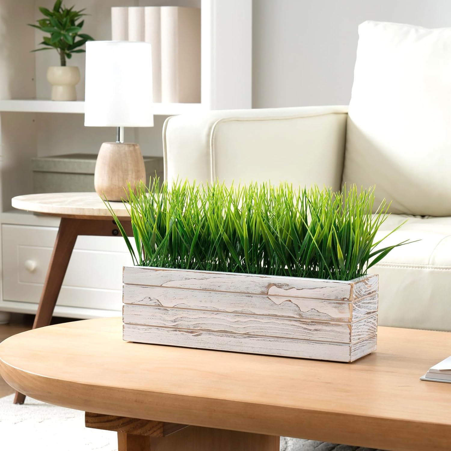 MyGift 14 Inch Artificial Grass in Shabby White Wood Planter