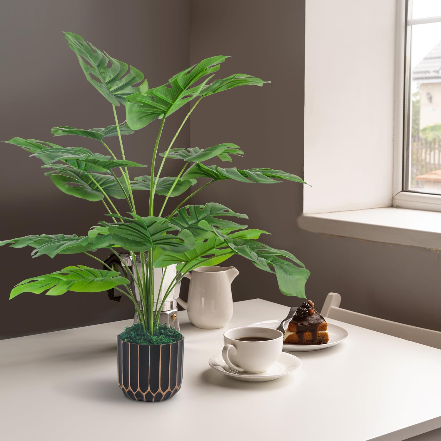 28 Artificial Monstera Faux Plants with Black Pot for Indoor Outdoor Decor