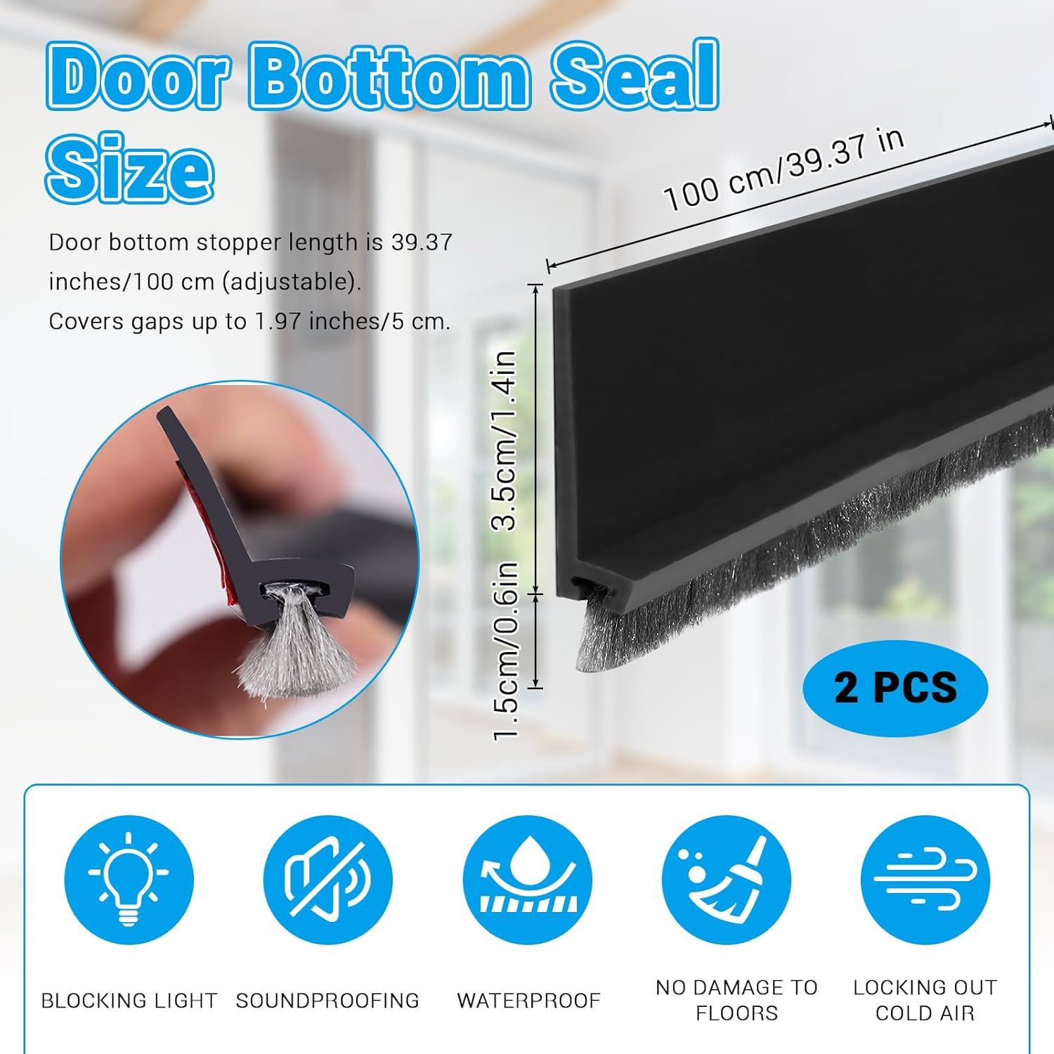 Huakaile 2 Pack Rubber Door Sweep with Brush Self-Adhesive Draft Stopper for Door Seals Black