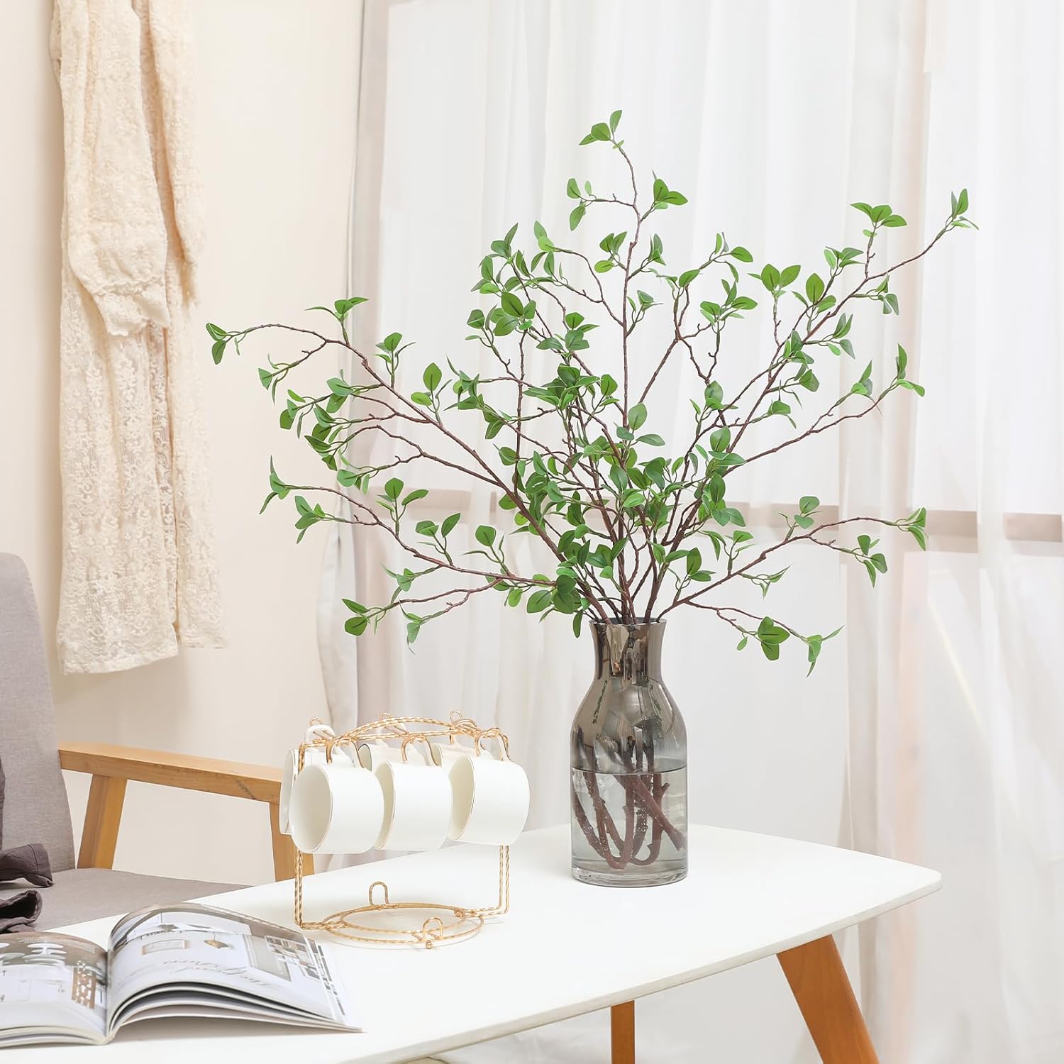Floweroyal 3pcs Artificial Greenery Stems Faux Ficus Branches for Vase Filler