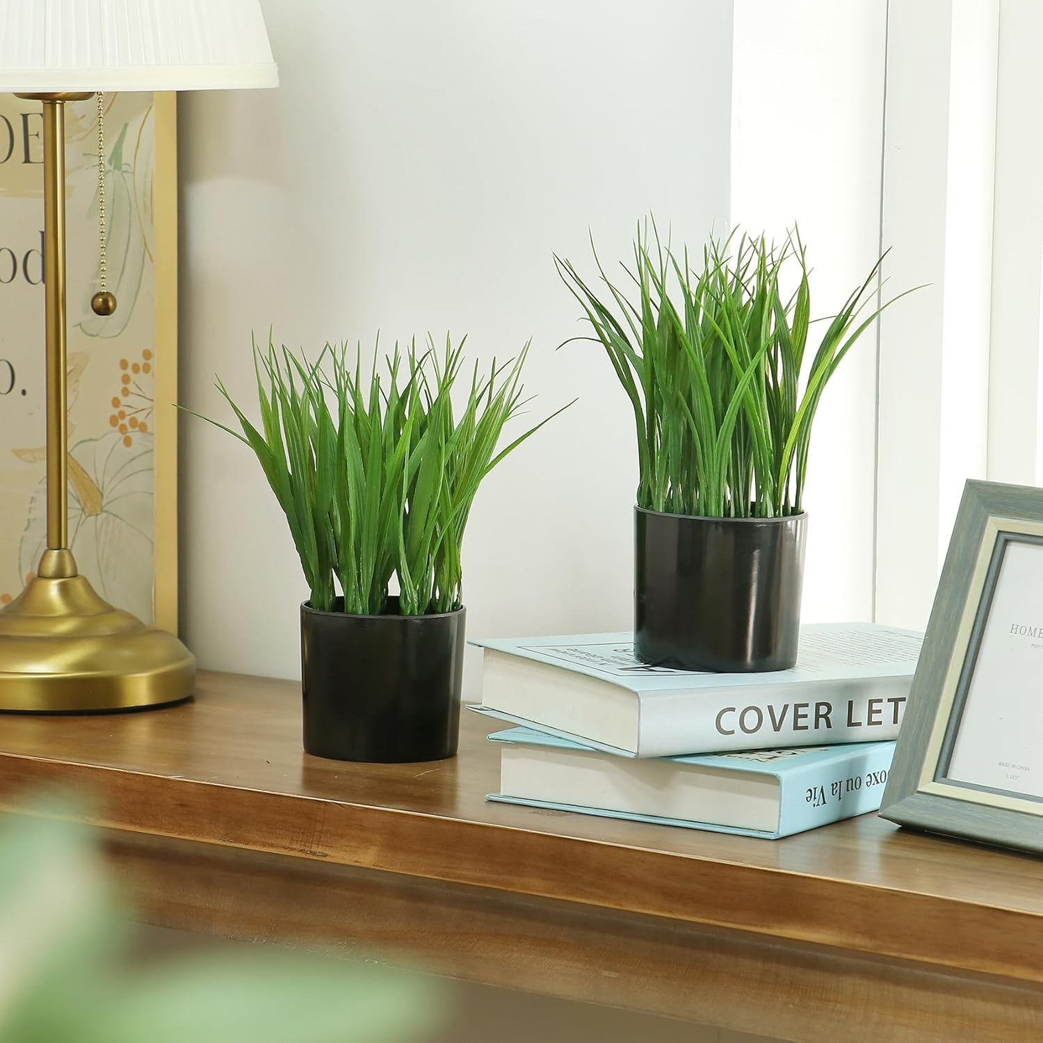 Fake Plants Indoor Potted Wheat Grass for Desk Shelf Decor