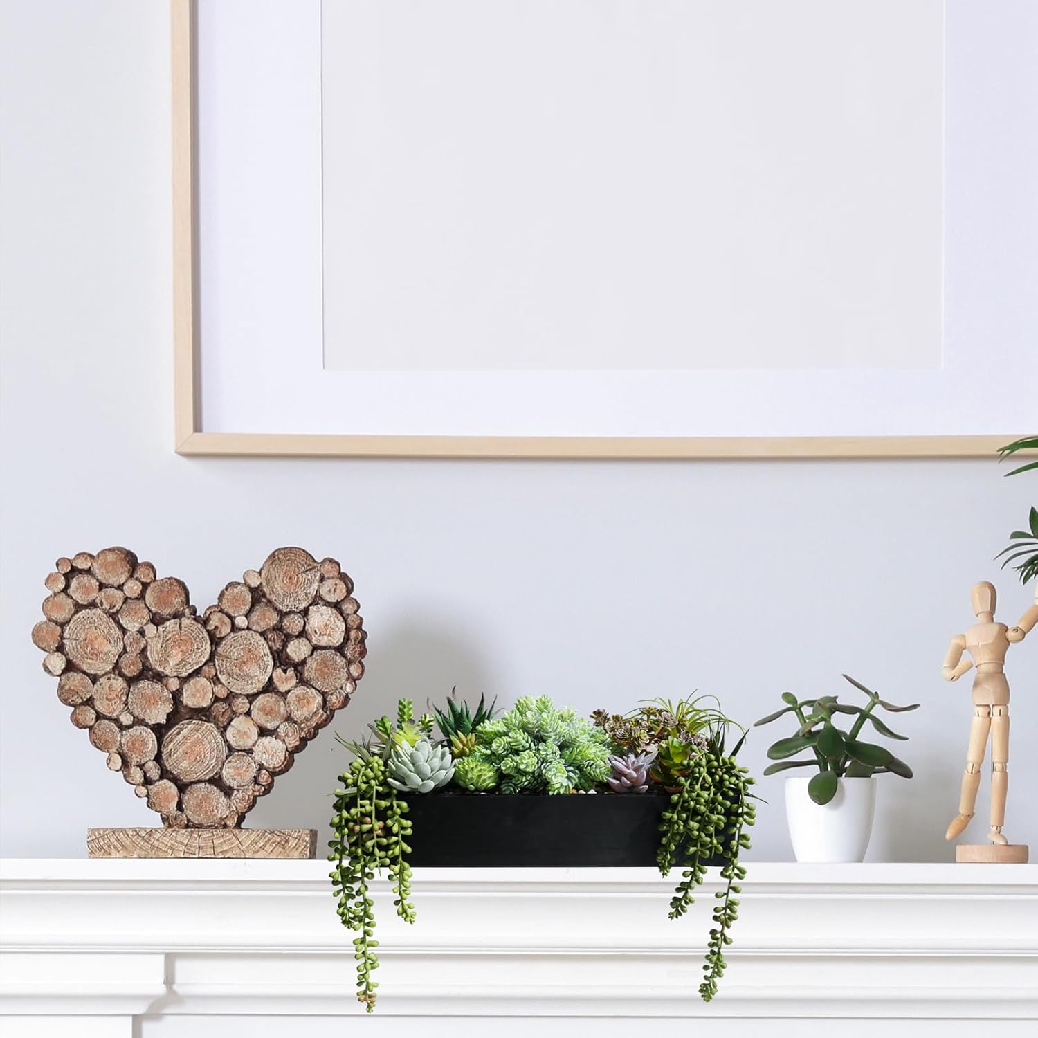 Winlyn 15 Inch Artificial Succulent Arrangement in Rustic Black Wooden Planter