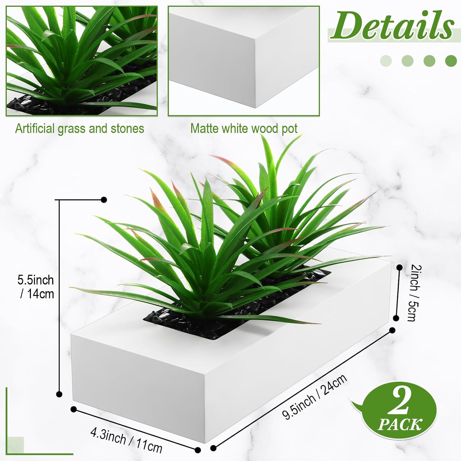 Hotop 2 Pcs Artificial Green Grass Plants in White Wood Planter Pots