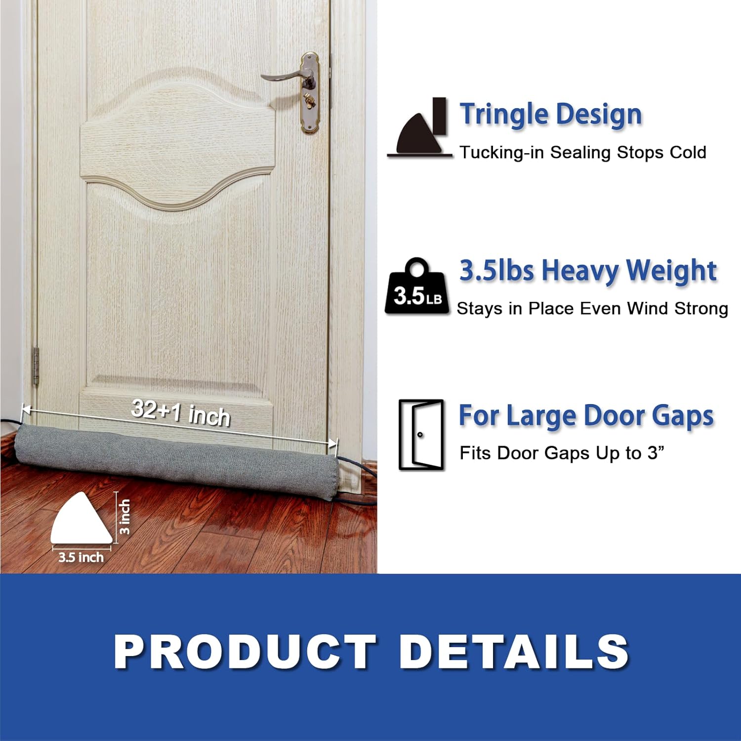YOUFI 32 Inch Draft Stopper with Non-Slip Base and Self-Resetting Design