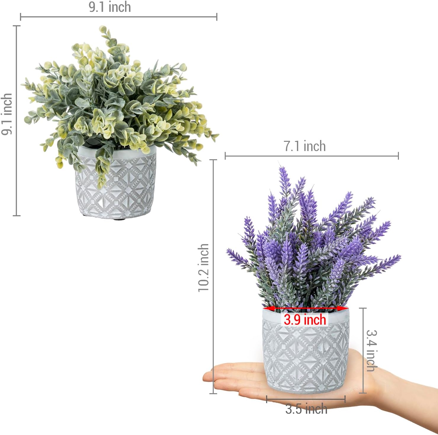 MyGift Artificial Eucalyptus and Lavender Plants in Modern Geometric Concrete Planters 2 Pc Set
