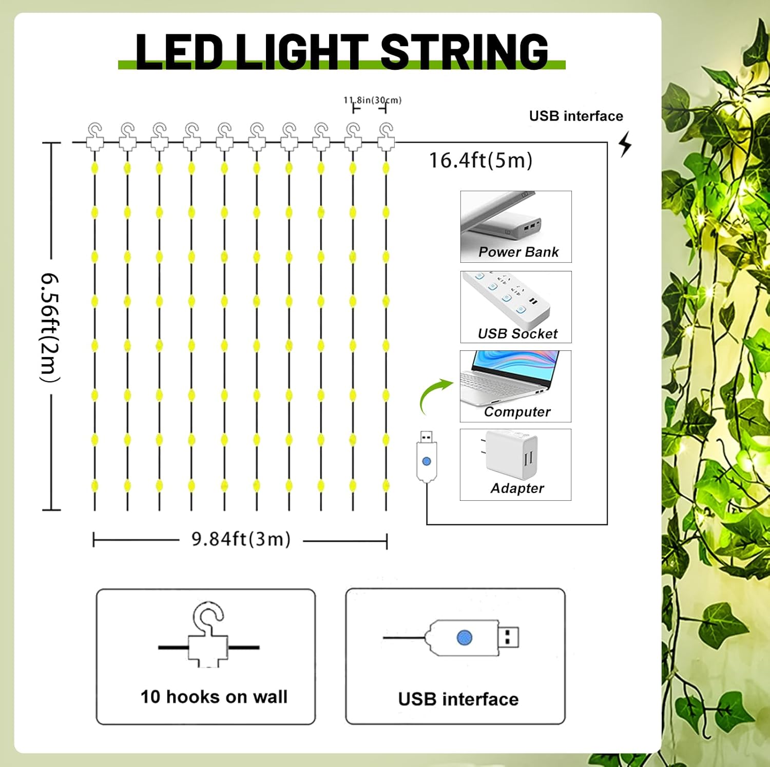 HXWEIYE 12 Pack Artificial Ivy Garland with 200LED String Light