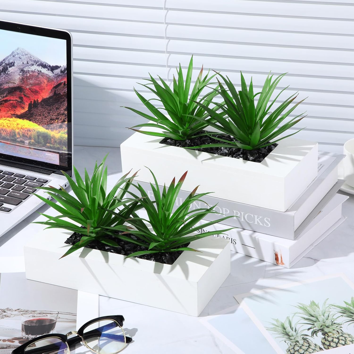 Hotop 2 Pcs Artificial Green Grass Plants in White Wood Planter Pots