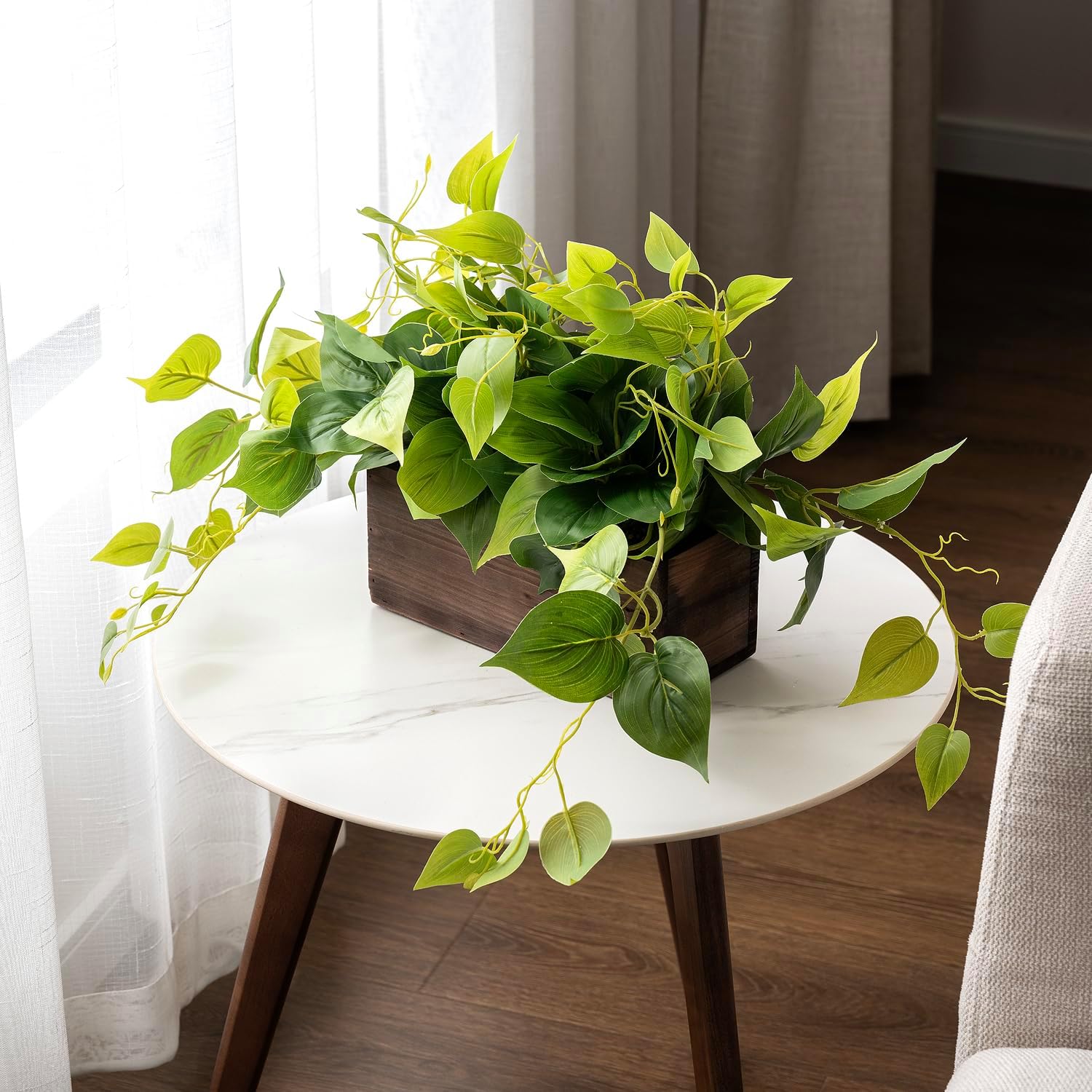 MyGift Vibrant Artificial Pothos Plant in Burnt Brown Wood Planter