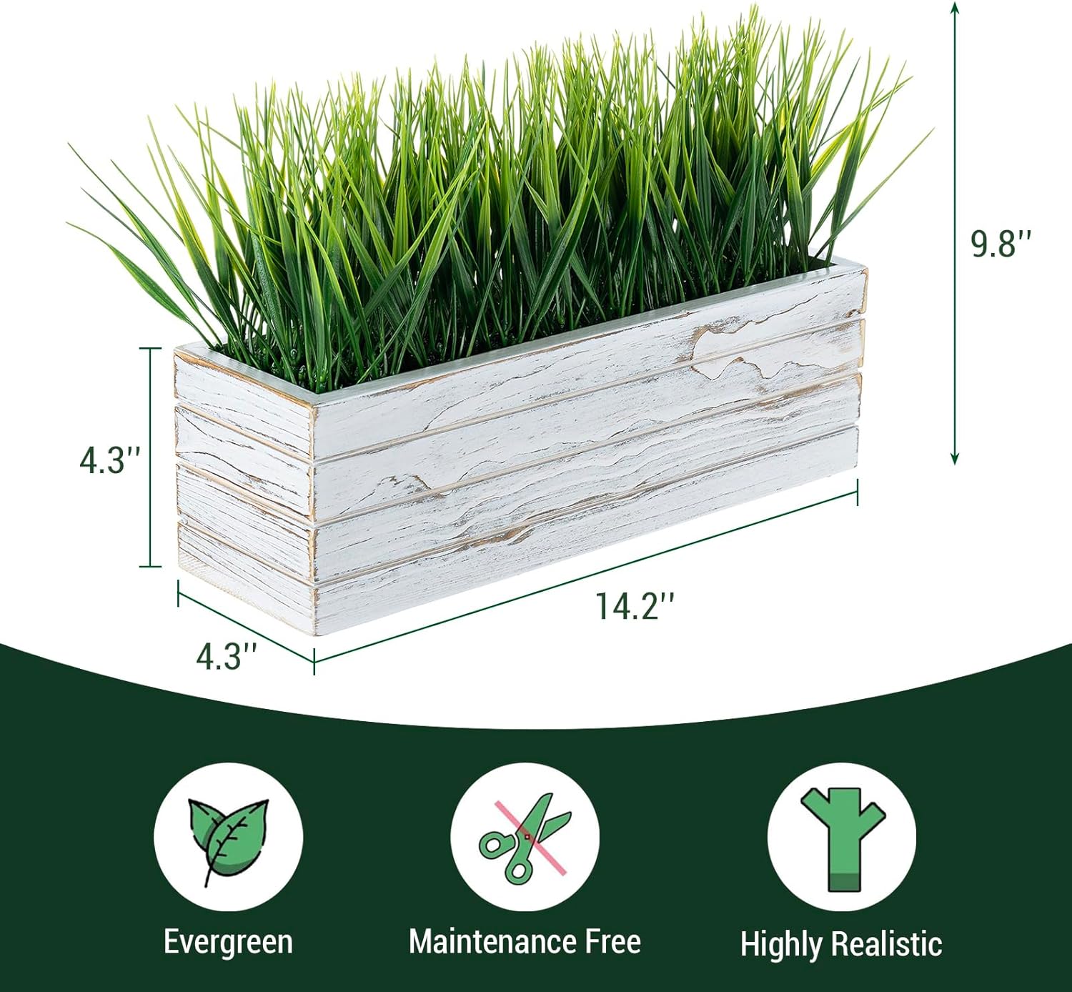 MyGift 14 Inch Artificial Grass in Shabby White Wood Planter