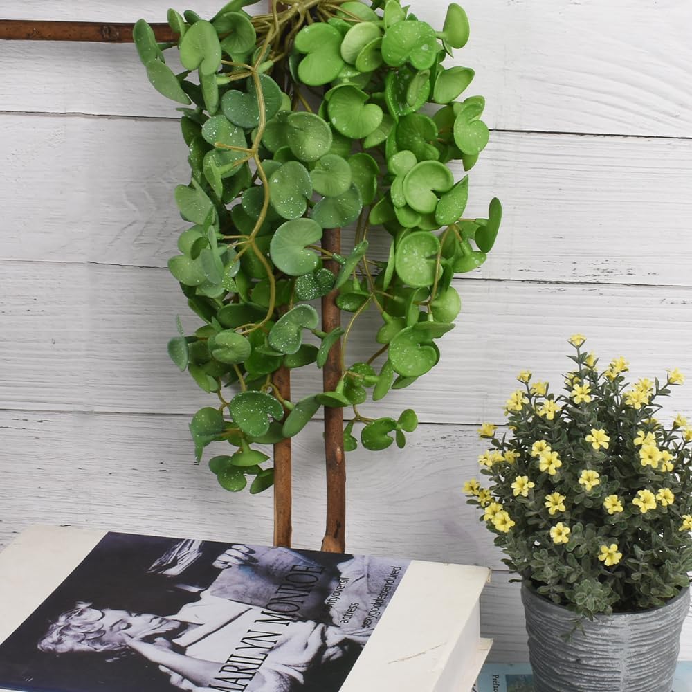 Fake Hanging Plants 2PCS Artificial Copper Coin Grass Plants for Wall Shelf Home Office Indoor Outdoor Garden Decor