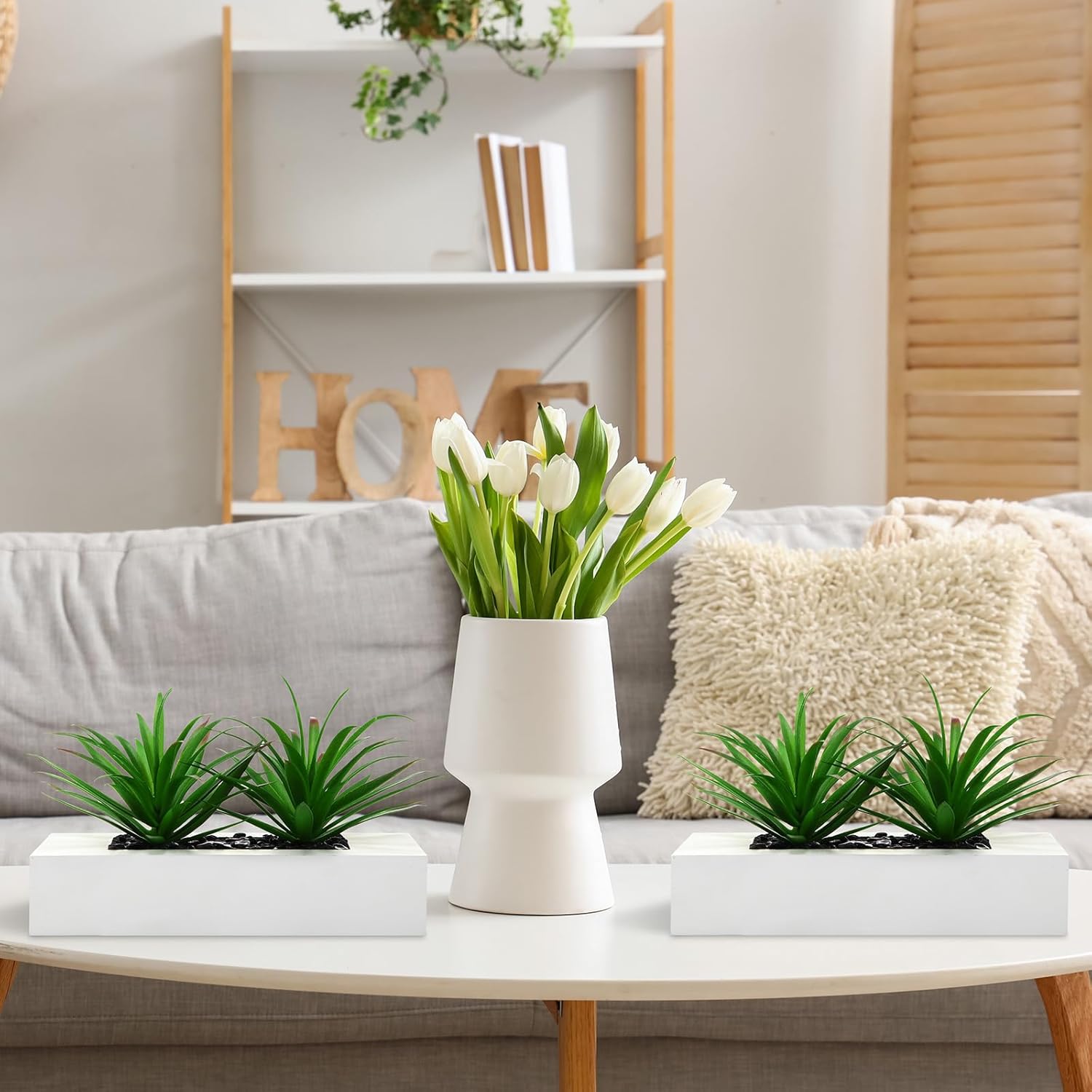 Hotop 2 Pcs Artificial Green Grass Plants in White Wood Planter Pots