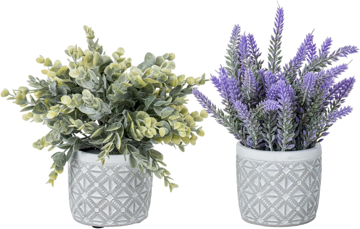 MyGift Artificial Eucalyptus and Lavender Plants in Modern Geometric Concrete Planters 2 Pc Set