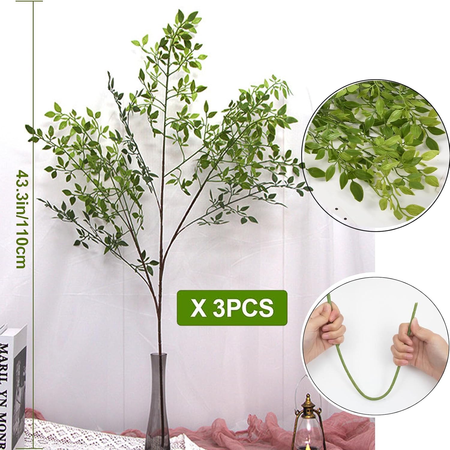Toprooms Artificial Plants Nandina 3pcs 43 Branches for Vase Filler Home Office Decor