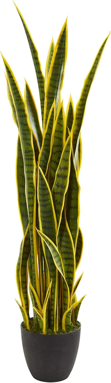 Nearly Natural 4-ft Artificial Snake Plant in Black Planter