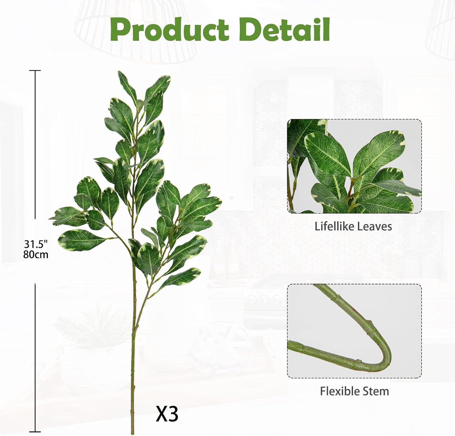 3PCS Artificial Greenery Stems 315 Inch Faux Pittosporum Leaves for Vase and Floral Arrangements