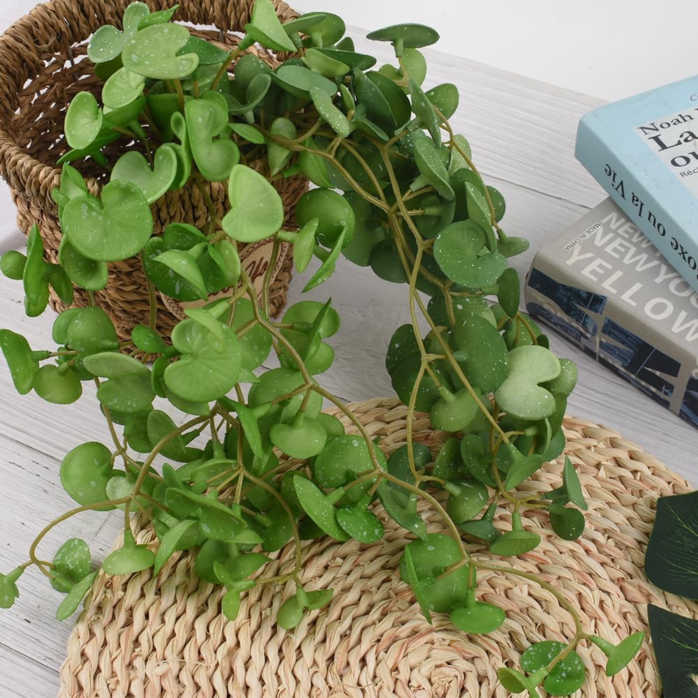 Fake Hanging Plants 2PCS Artificial Copper Coin Grass Plants for Wall Shelf Home Office Indoor Outdoor Garden Decor