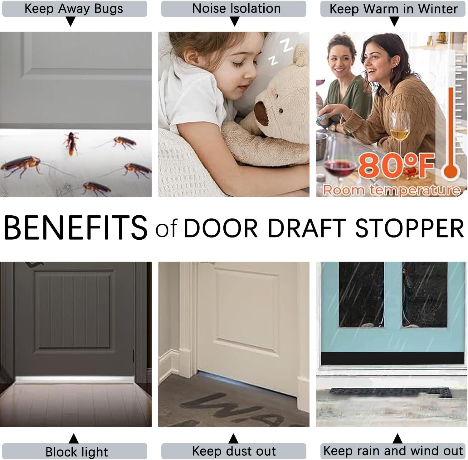 2 Pack Door Draft Stoppers 2 x 39 Black Strips