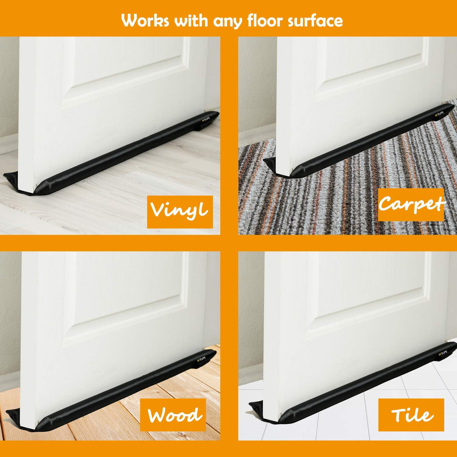 WEUPE Door Draft Stopper Double Sided 32-38 Inch Adjustable Black