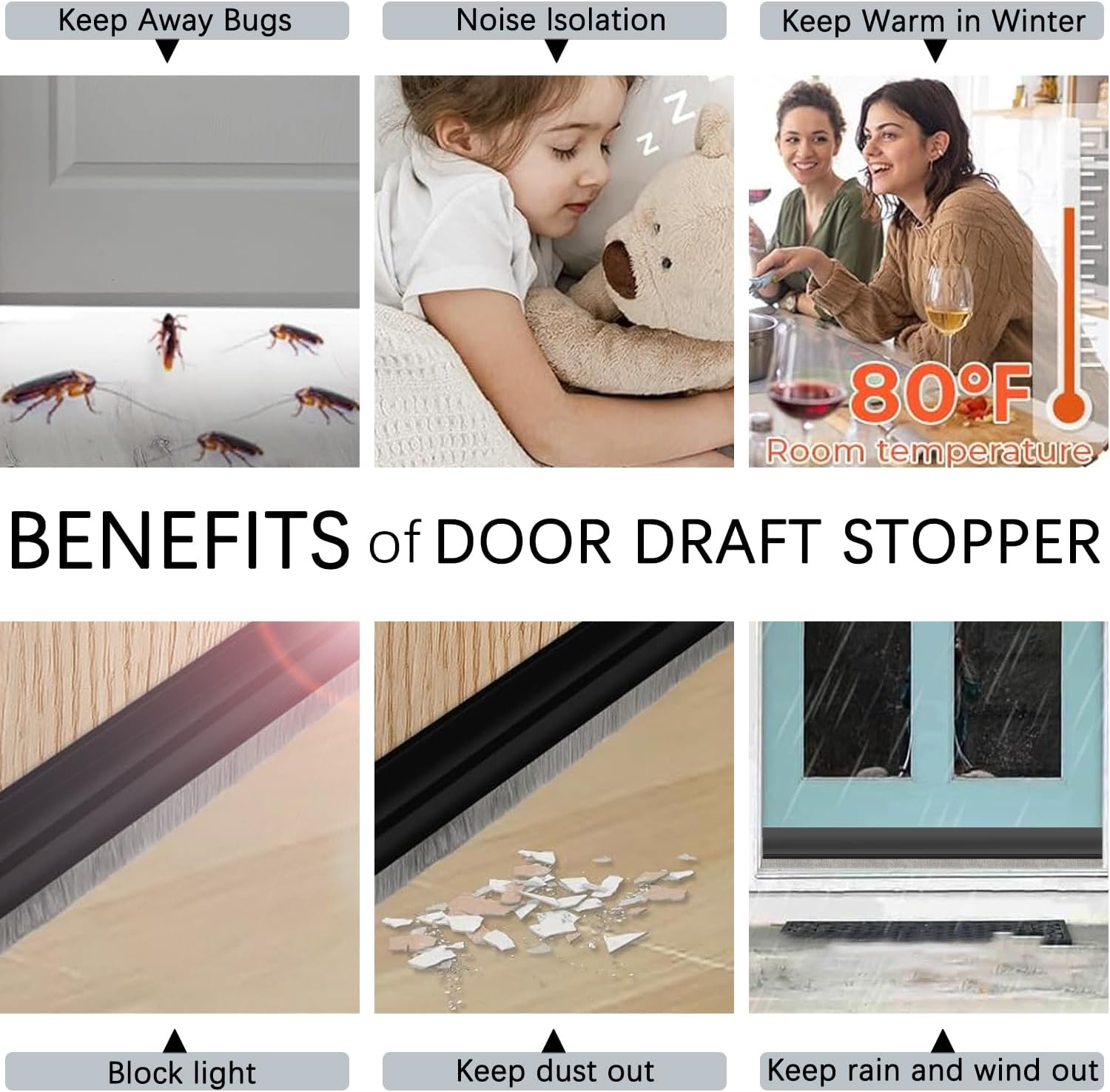 WUMUTI 2 Pack Black Under Door Draft Stoppers with Brush