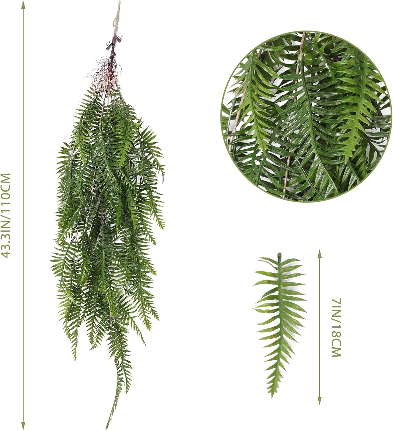 RECUTMS Artificial Hanging Ferns 2 Pack Green UV Resistant Faux Greenery Plastic Garland for Indoor Outdoor Decorations