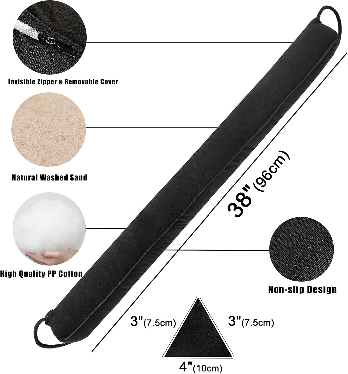 Marwood 38 Inch Under Door Draft Stopper with Hanging Loops - Black