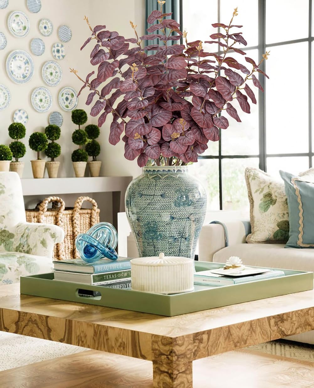 Oairse Artificial Eucalyptus Leaves Stems 315 Inch 3 Pcs Fake Greenery for Vases