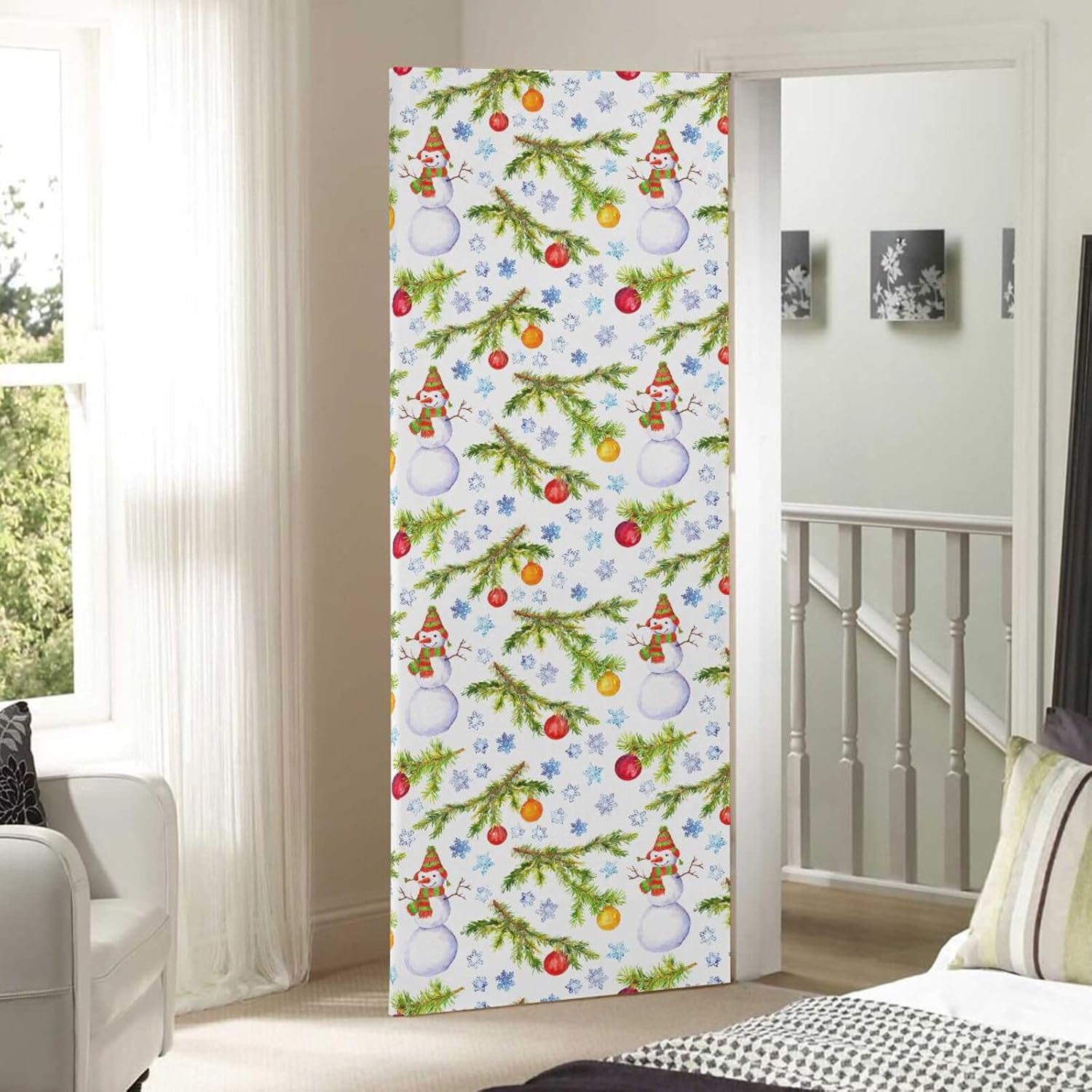 Susiyo Christmas Tree Branch Door Cover with Snowman Design Stretch Fabric 32x79 in