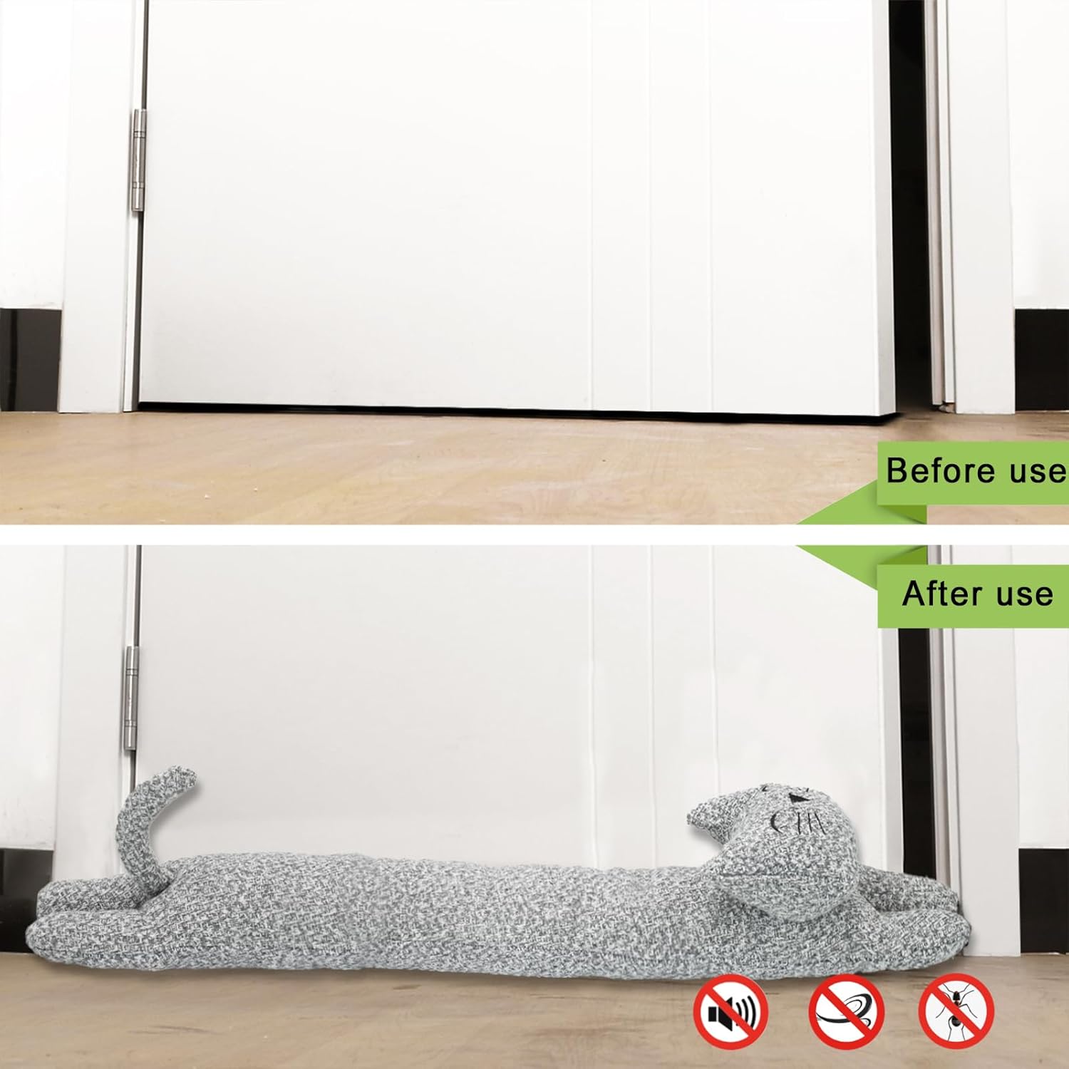 34 Inch Heavy Duty Door Draft Stopper with Gray Cat Design