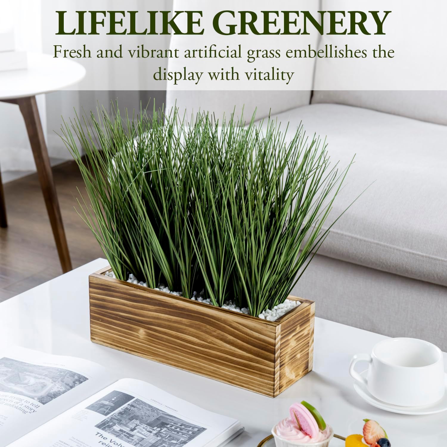 MyGift Artificial Grass in Rustic Burnt Wood Planter Box