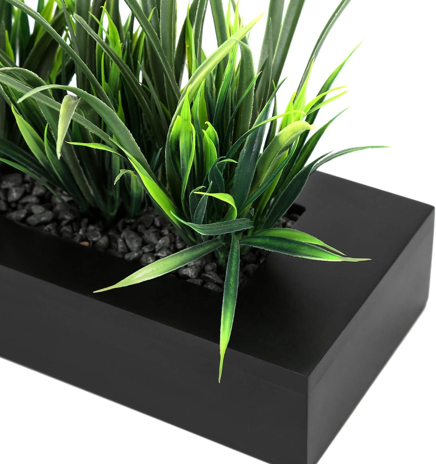 MyGift Artificial Green Grass Plants in Matte Black Wooden Planter