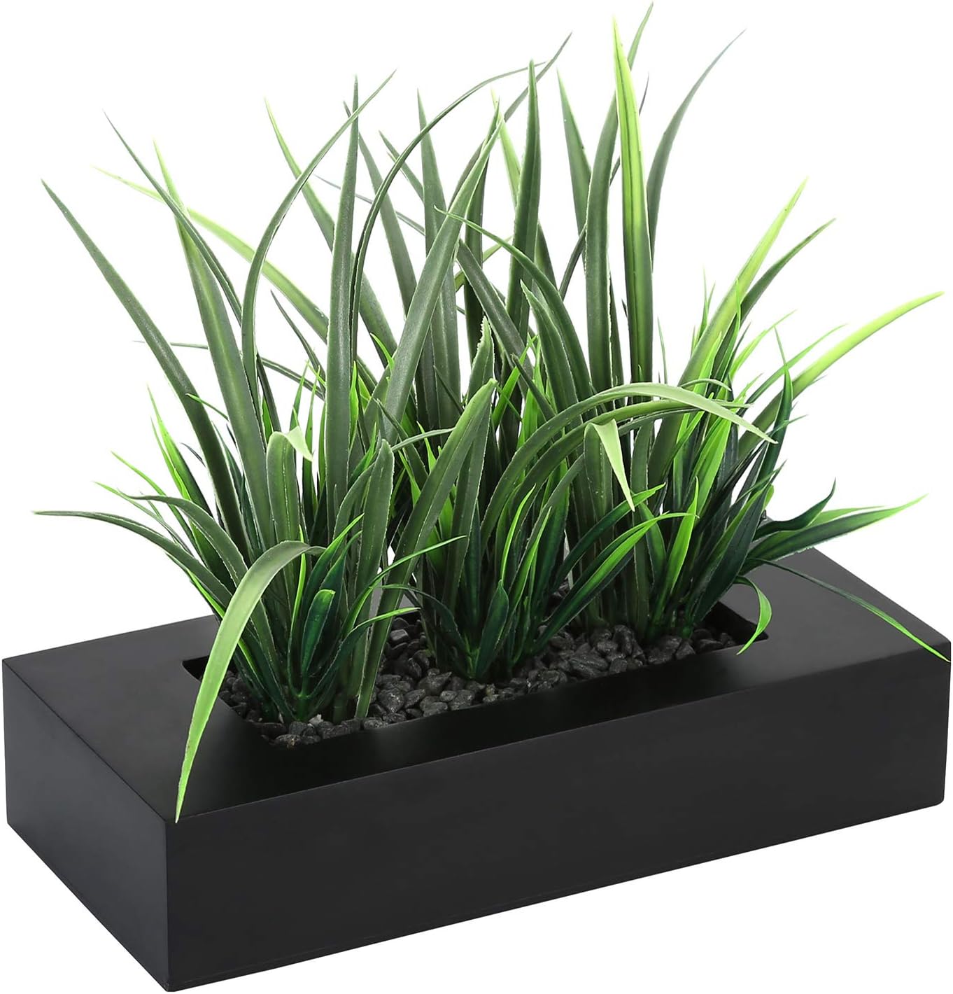 MyGift Artificial Green Grass Plants in Matte Black Wooden Planter