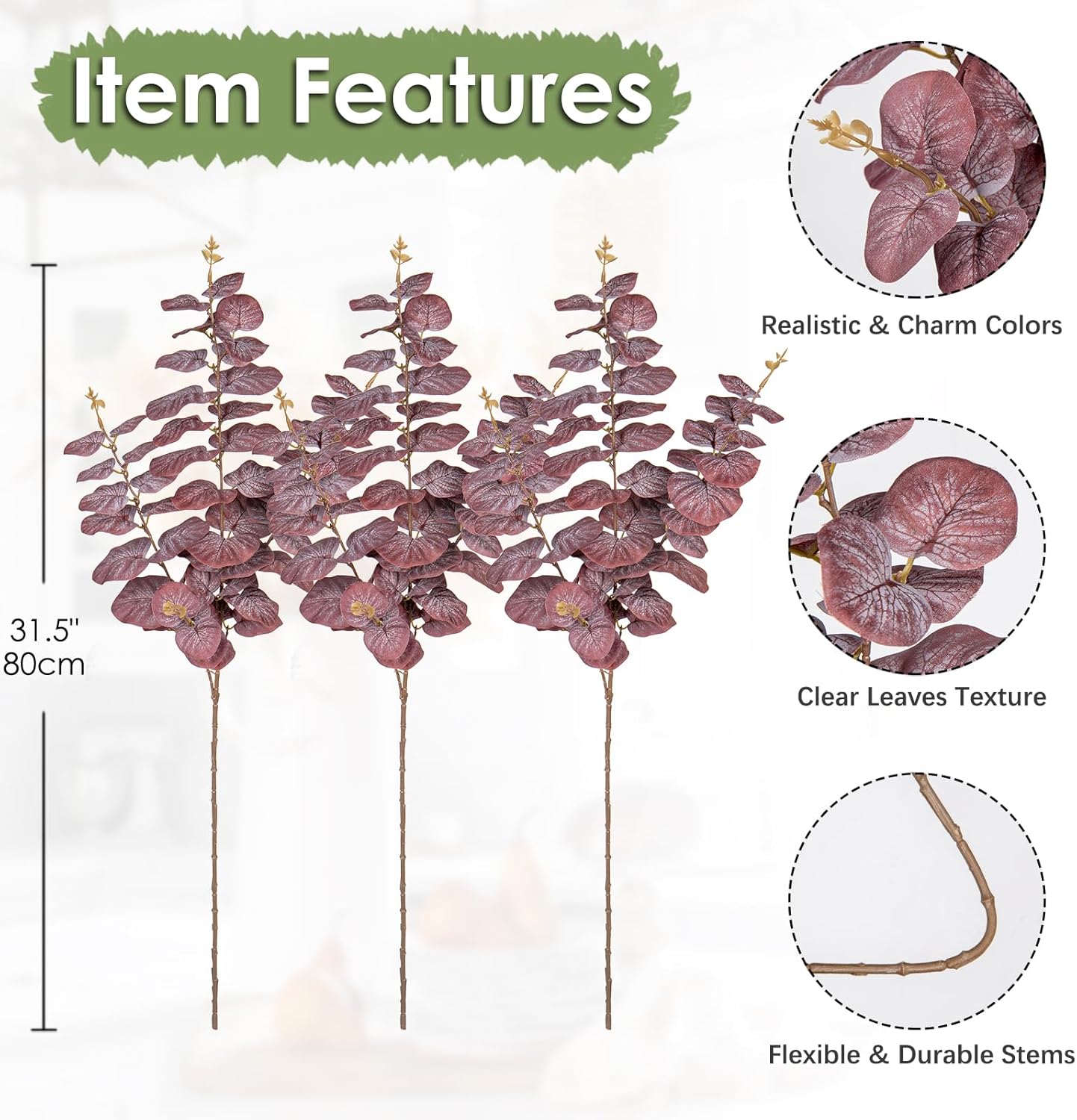 Oairse Artificial Eucalyptus Leaves Stems 315 Inch 3 Pcs Fake Greenery for Vases