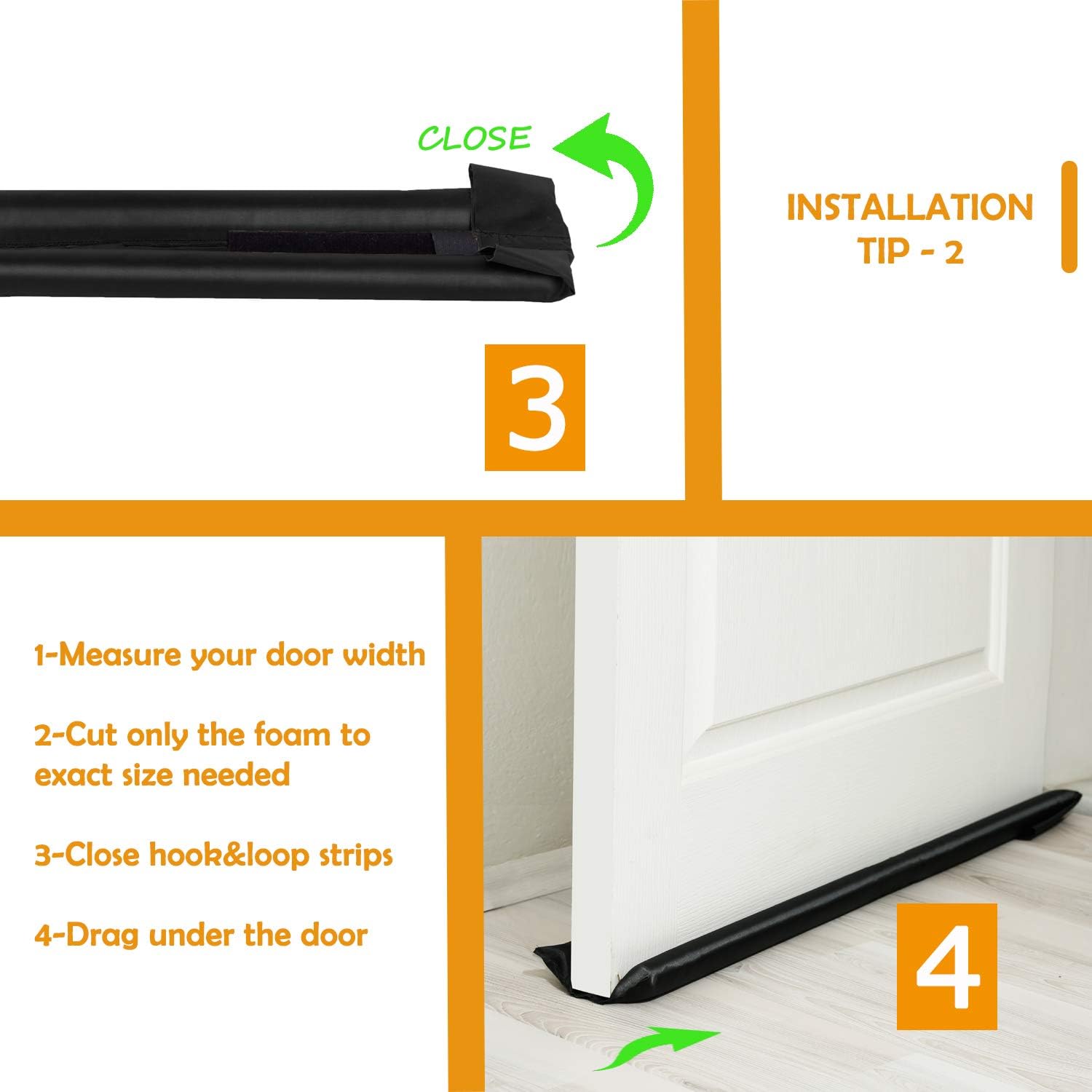 WEUPE Door Draft Stopper Double Sided 32-38 Inch Adjustable Black