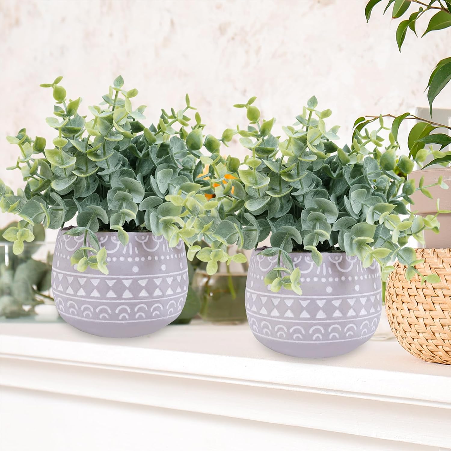 Winlyn 2 Pack Faux Eucalyptus Plants in Gray Ceramic Pots