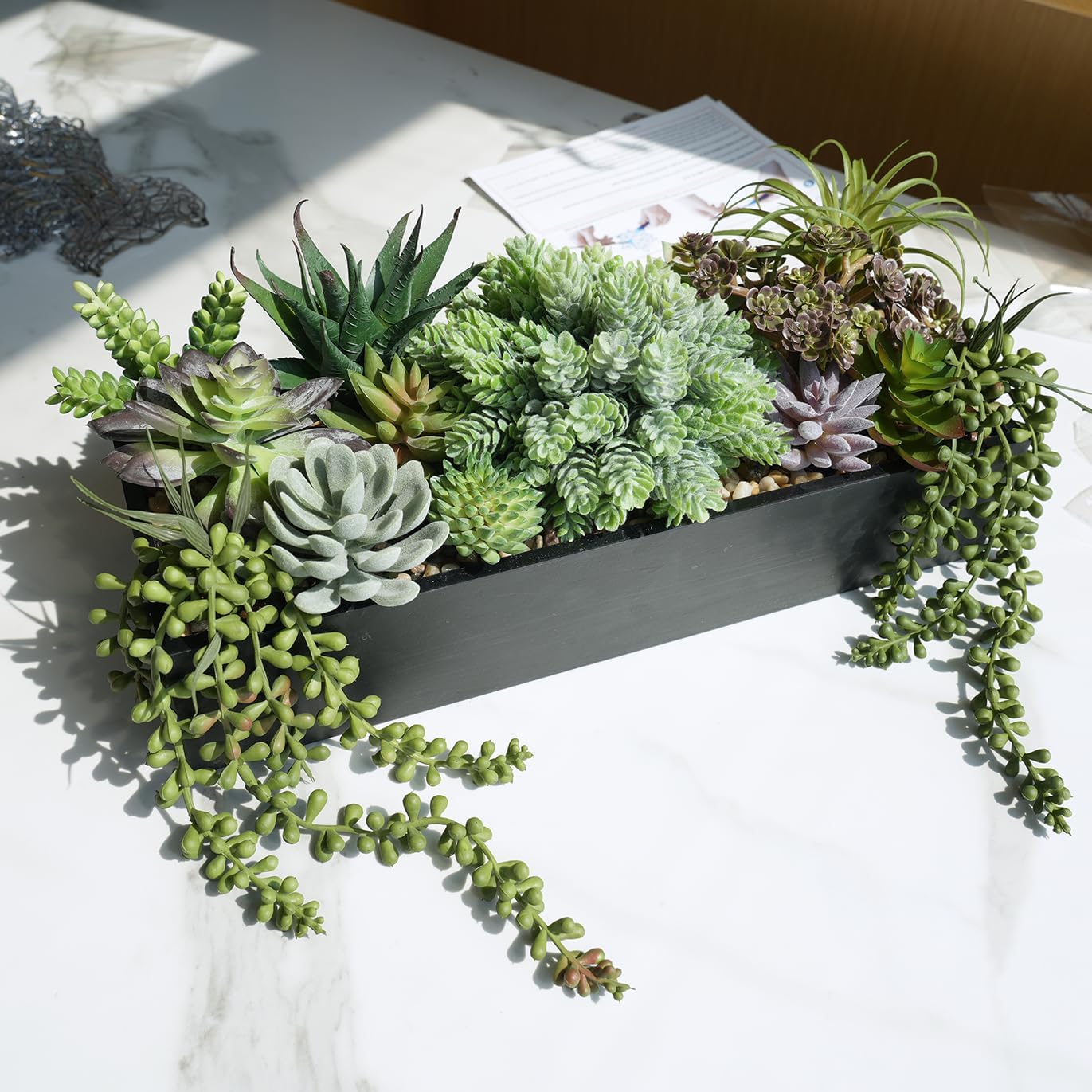 Winlyn 15 Inch Artificial Succulent Arrangement in Rustic Black Wooden Planter