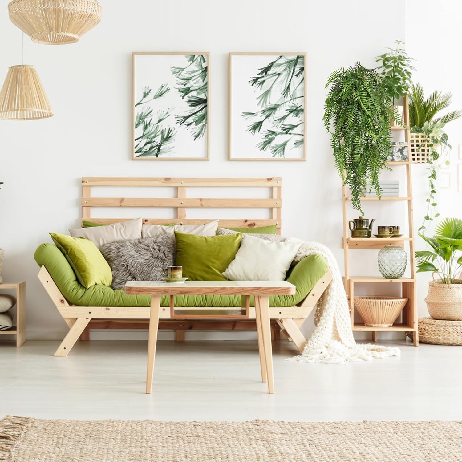 RECUTMS Artificial Hanging Ferns 2 Pack Green UV Resistant Faux Greenery Plastic Garland for Indoor Outdoor Decorations