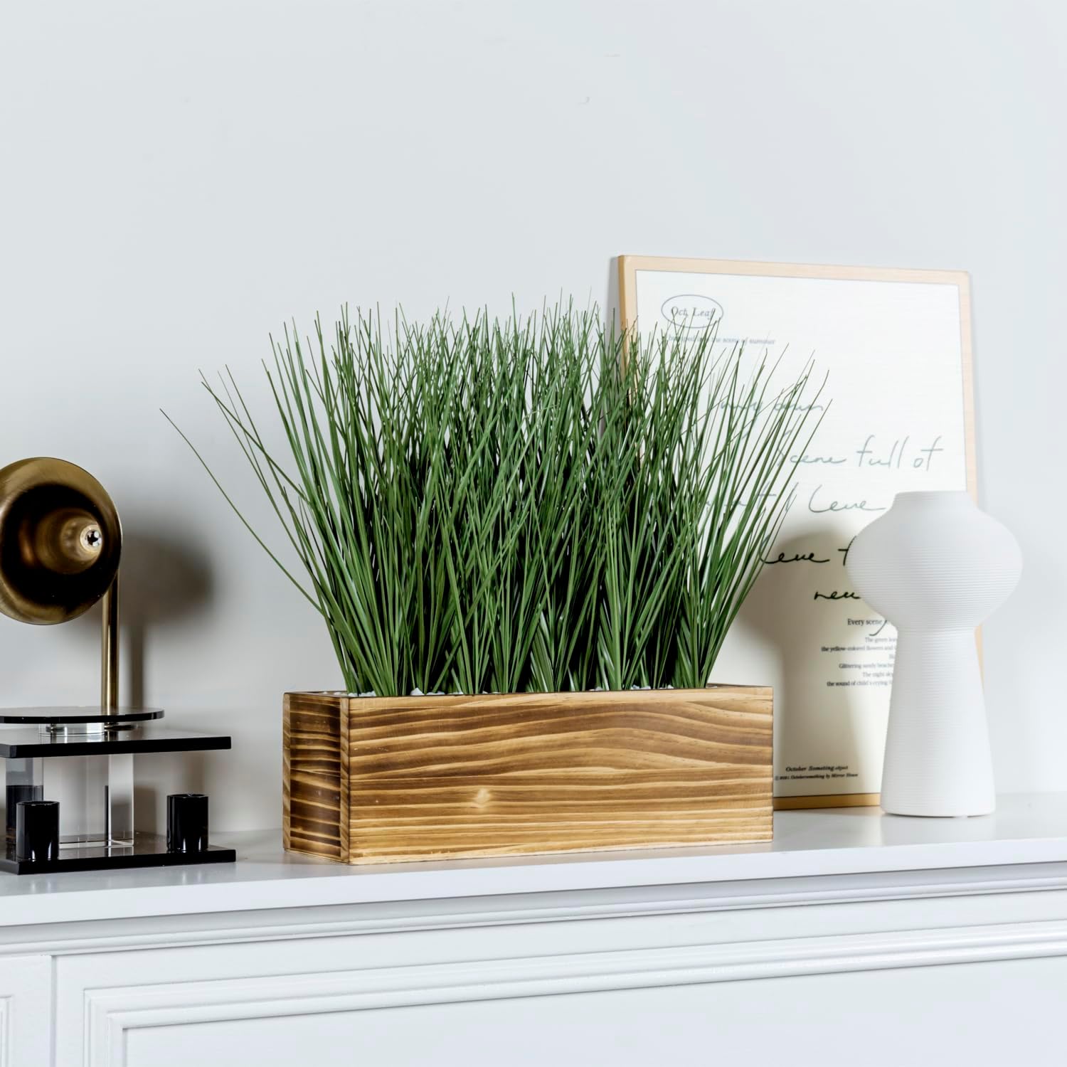 MyGift Artificial Grass in Rustic Burnt Wood Planter Box